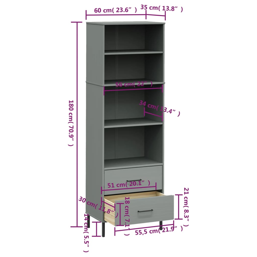 Bibliotecă Cu 2 Sertare Oslo, , 60X35X180 Cm, Lemn Masiv