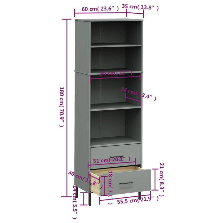 Bibliotecă Cu 2 Sertare Oslo, , 60X35X180 Cm, Lemn Masiv