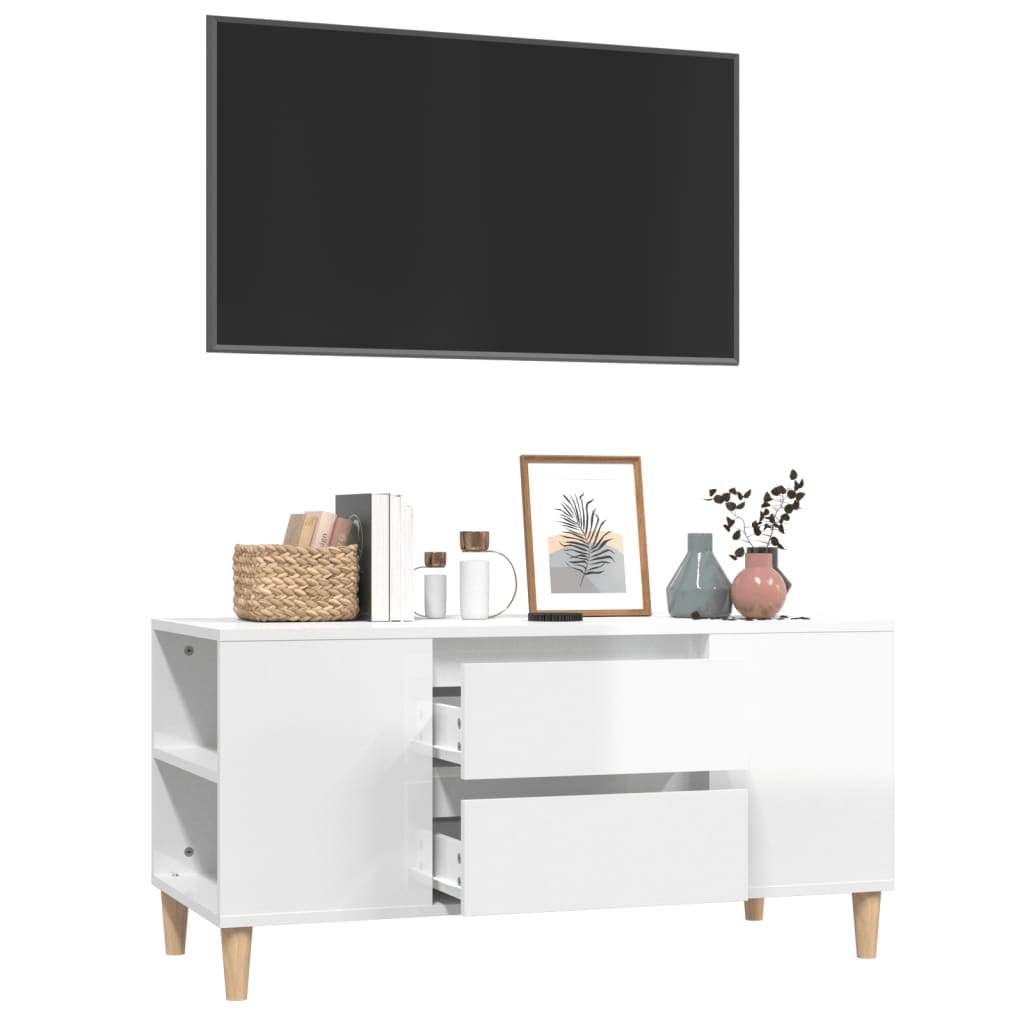 Comodă Tv, Alb Extralucios, 102X44,5X50 Cm, Lemn Prelucrat