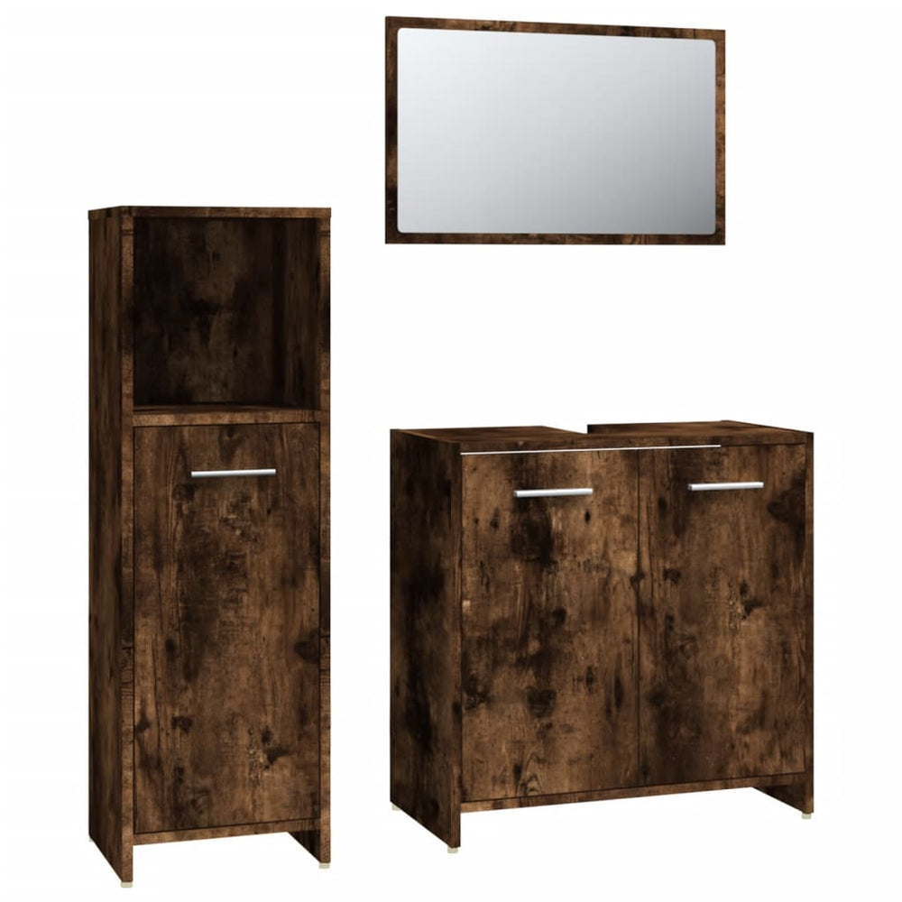 Set Mobilier De Baie, 3 Piese, Stejar Fumuriu, Lemn Prelucrat
