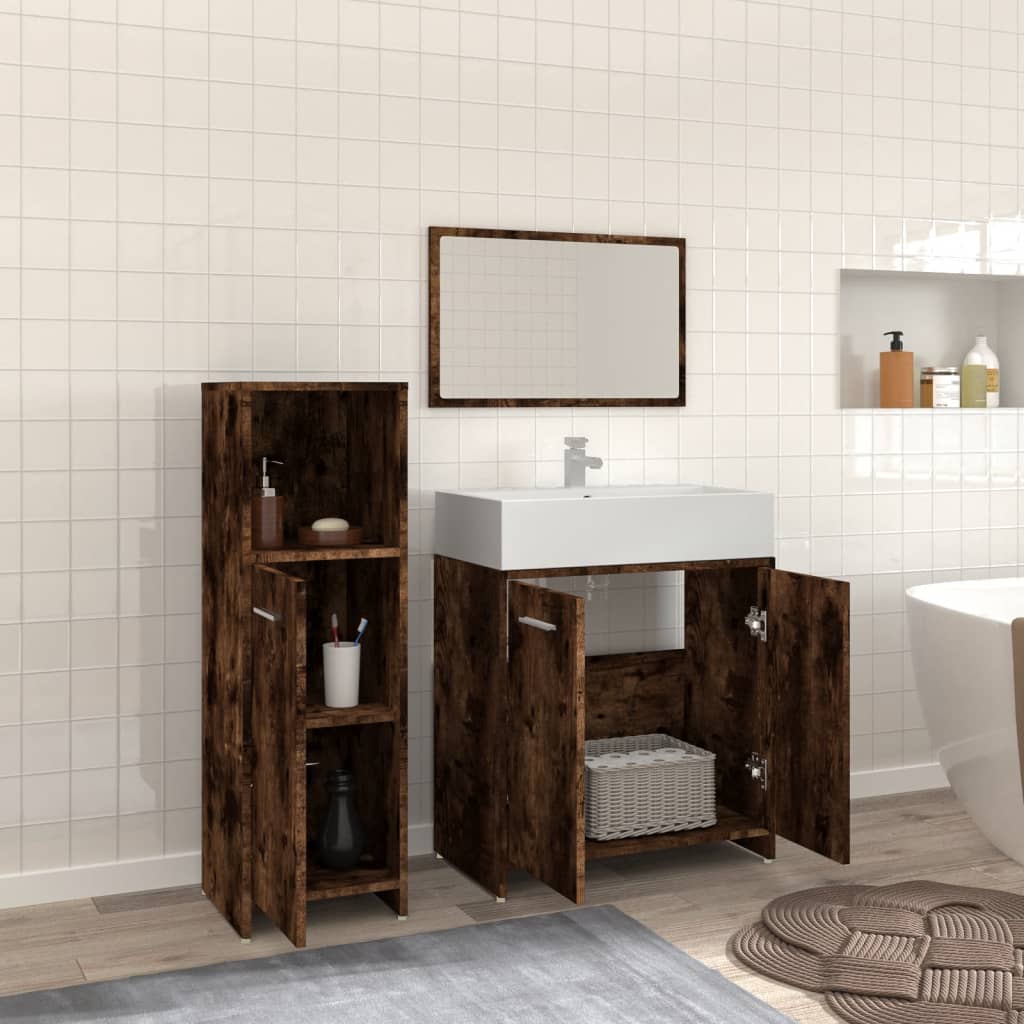Set Mobilier De Baie, 3 Piese, Stejar Fumuriu, Lemn Prelucrat