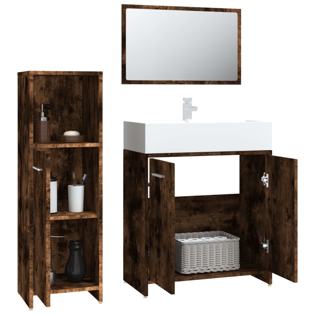 Set Mobilier De Baie, 3 Piese, Stejar Fumuriu, Lemn Prelucrat