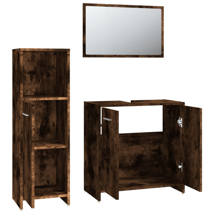 Set Mobilier De Baie, 3 Piese, Stejar Fumuriu, Lemn Prelucrat