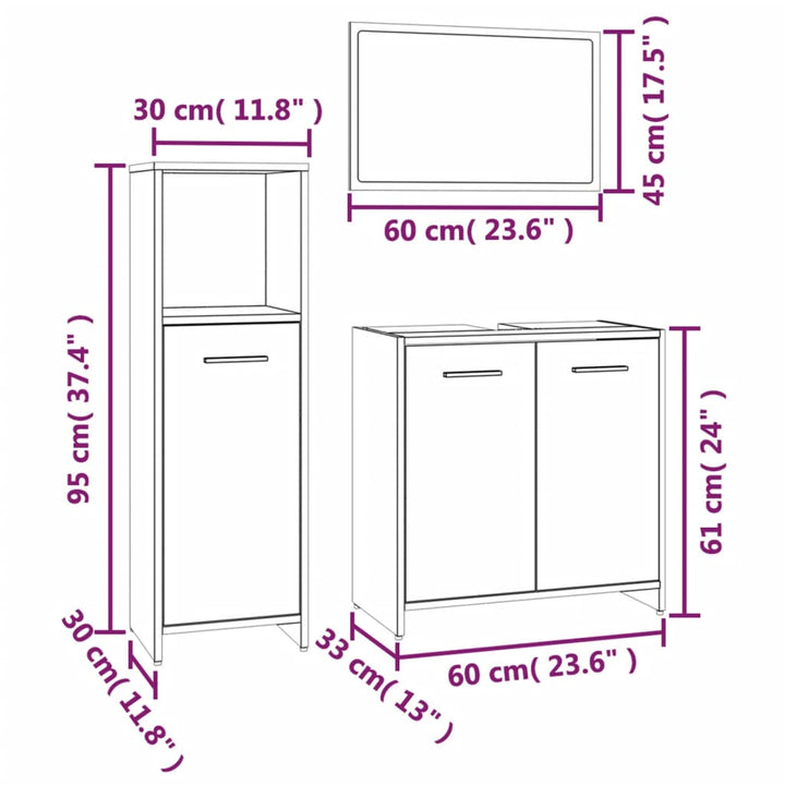 Set Mobilier De Baie, 3 Piese, Stejar Fumuriu, Lemn Prelucrat