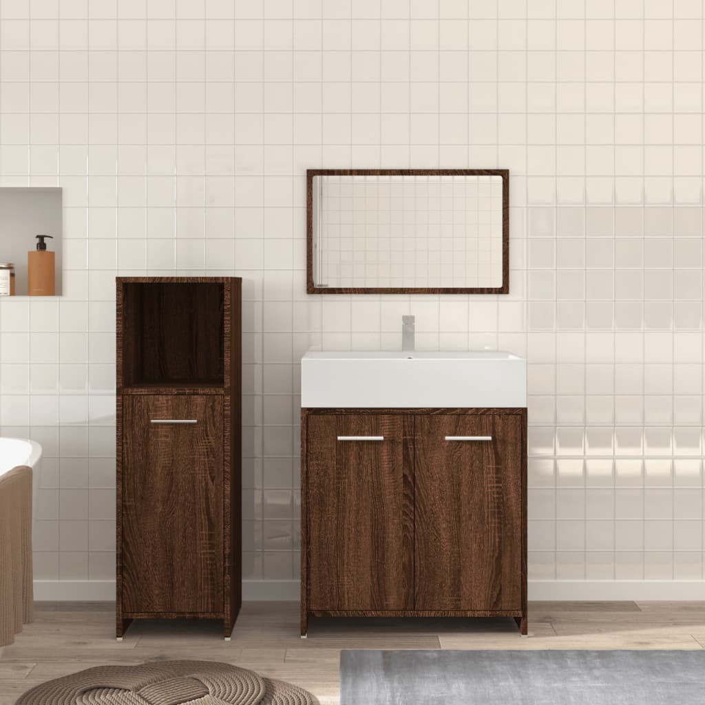 Set Mobilier De Baie, 3 Piese, Stejar Fumuriu, Lemn Prelucrat