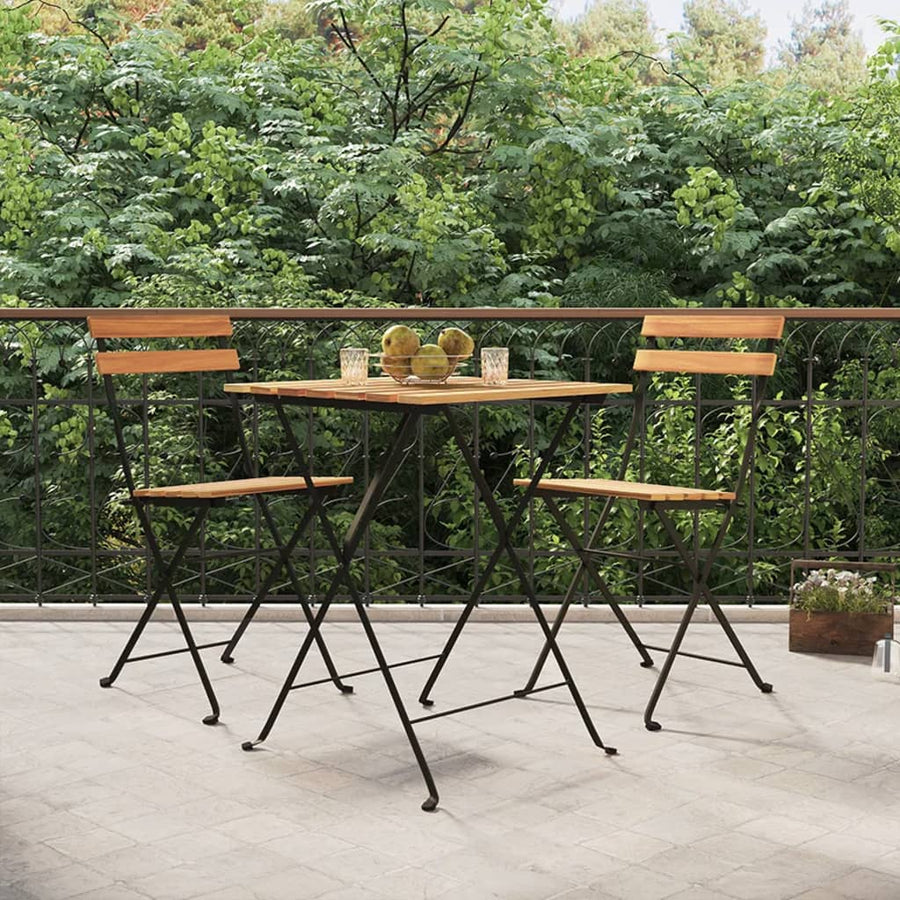 Set Mobilier De Bistro Pliabil, 3 Piese, Lemn Masiv Tec Și Oțel