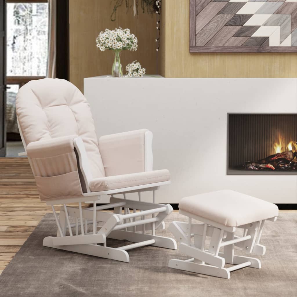 Scaun Glisant Cu Taburet, Alb Crem, Material Textil