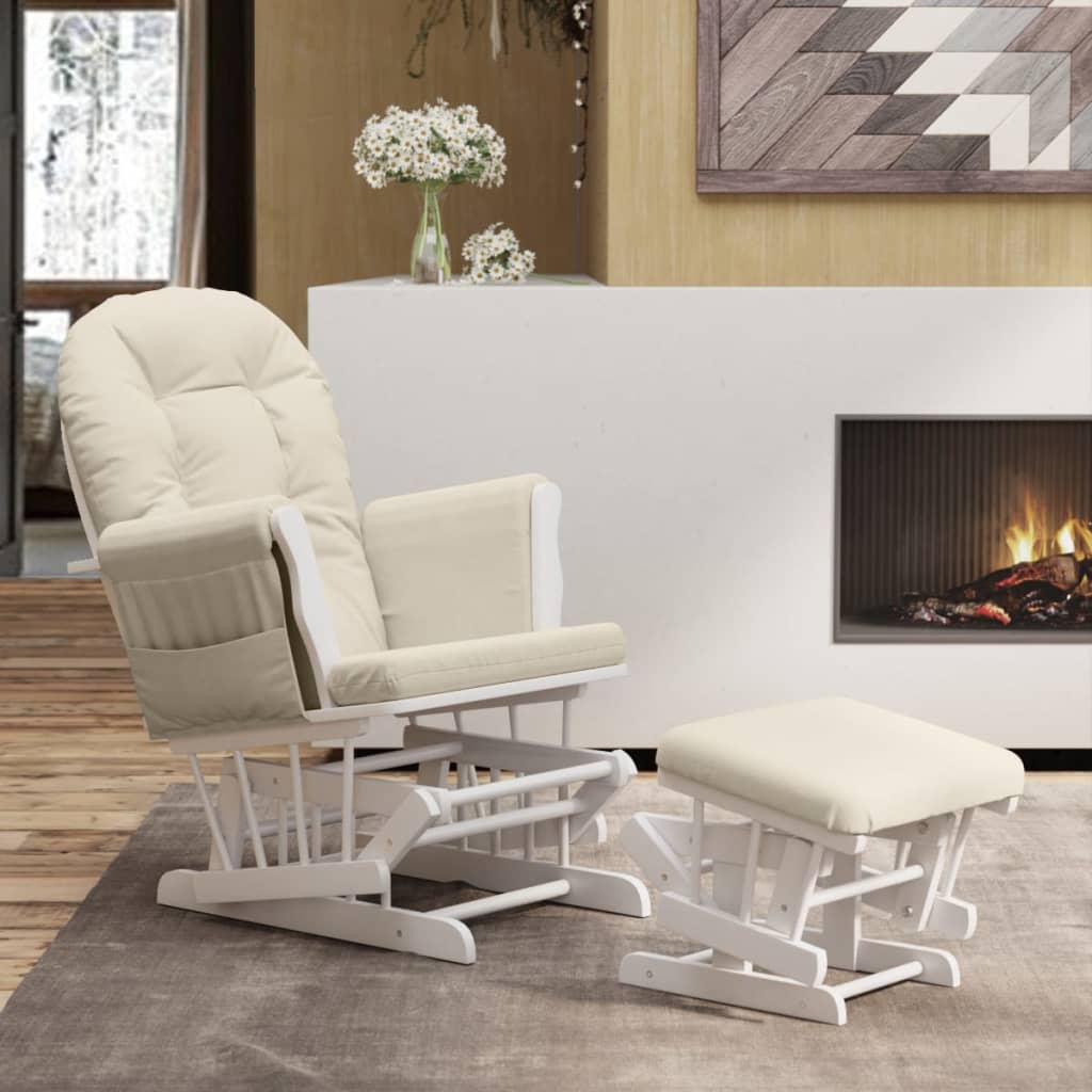 Scaun Glisant Cu Taburet, Alb Crem, Material Textil