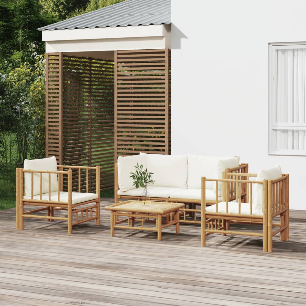Set Mobilier De Grădină Cu Perne Alb , 6 Piese, Bambus