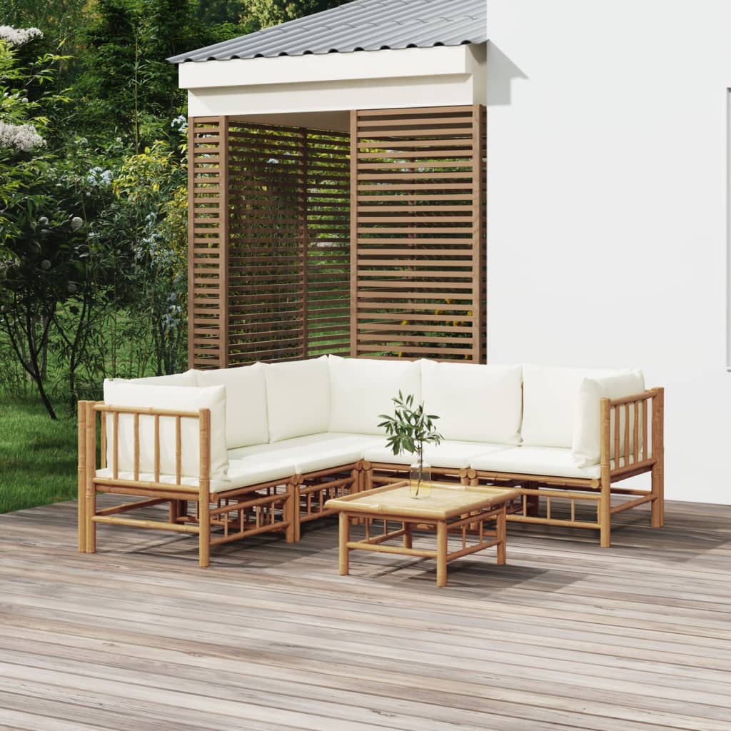 Set Mobilier De Grădină Cu Perne Alb , 6 Piese, Bambus