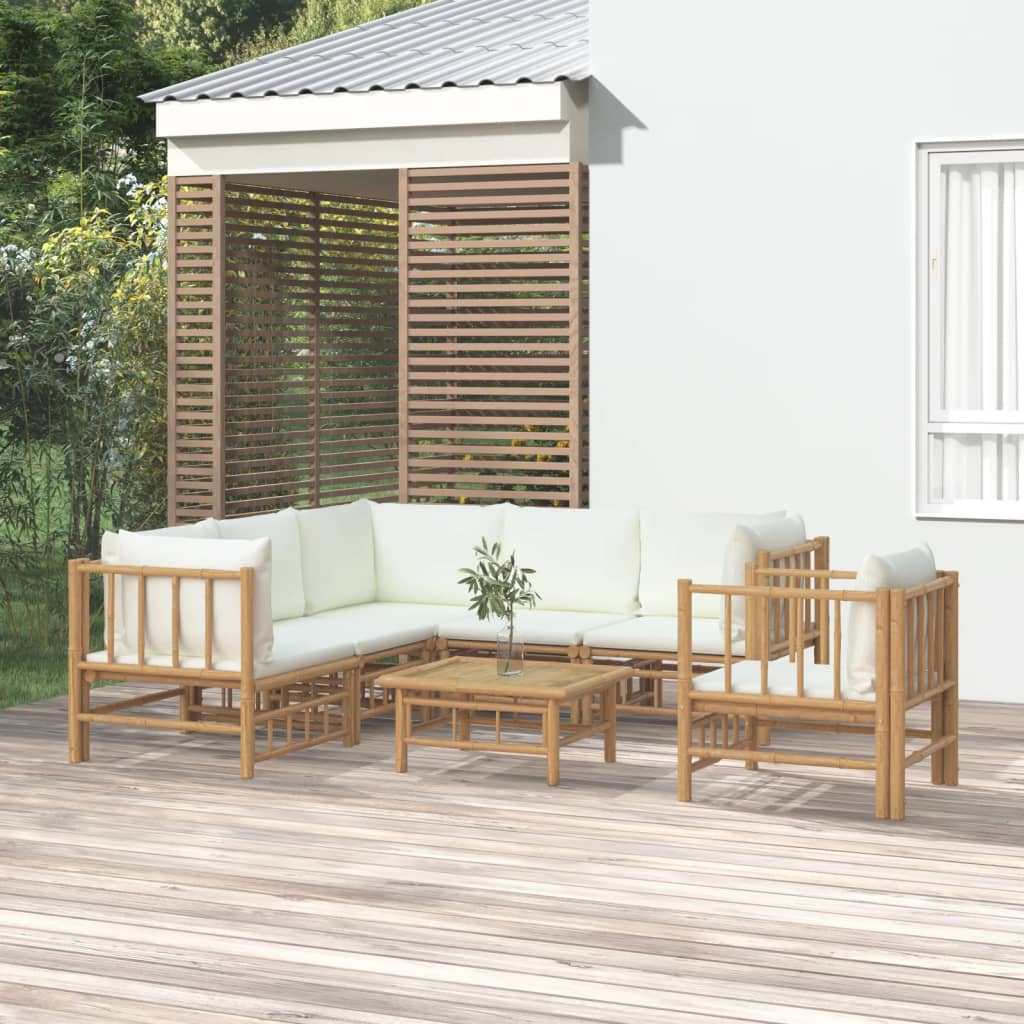 Set Mobilier De Grădină Cu Perne Alb , 6 Piese, Bambus