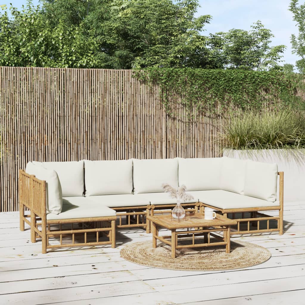 Set Mobilier De Grădină Cu Perne Alb , 6 Piese, Bambus