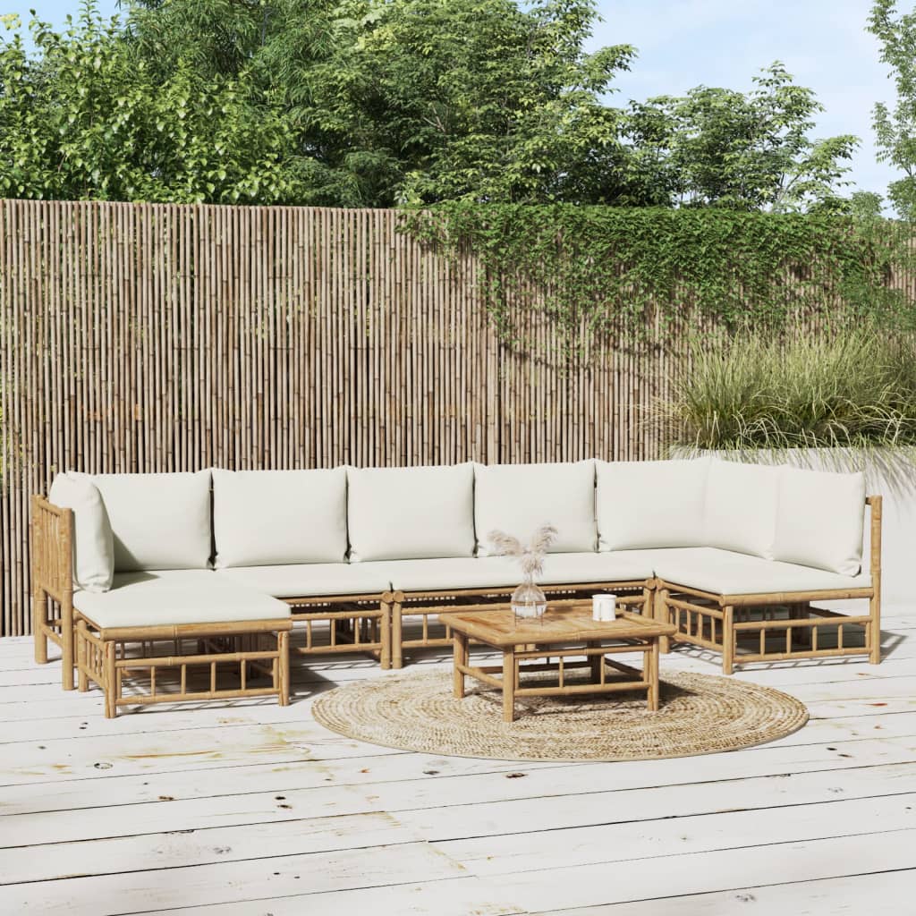Set Mobilier De Grădină Cu Perne Alb , 6 Piese, Bambus