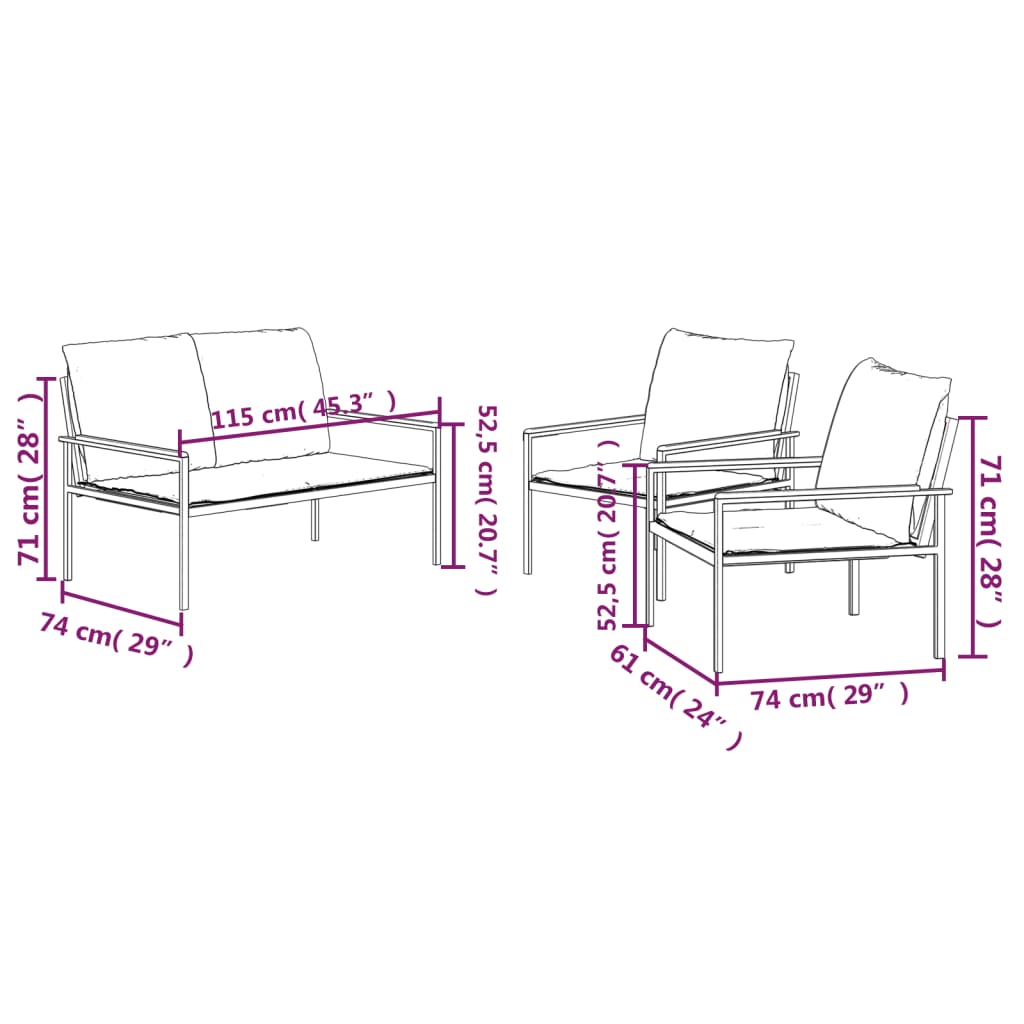 Set Mobilier De Grădină, Cu Perne, Antracit, 3 Piese, Oțel