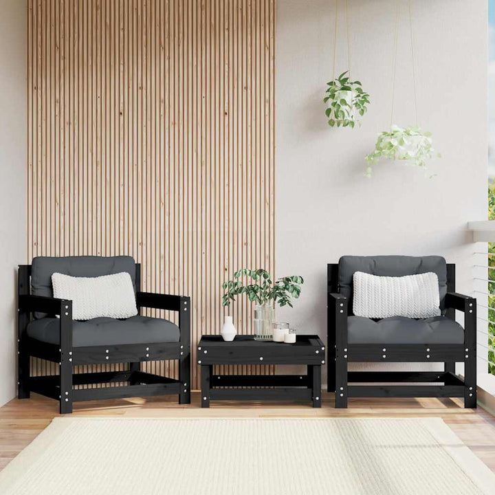 Set Mobilier De Grădină Cu Perne, 3 Piese, Negru, Lemn Masiv