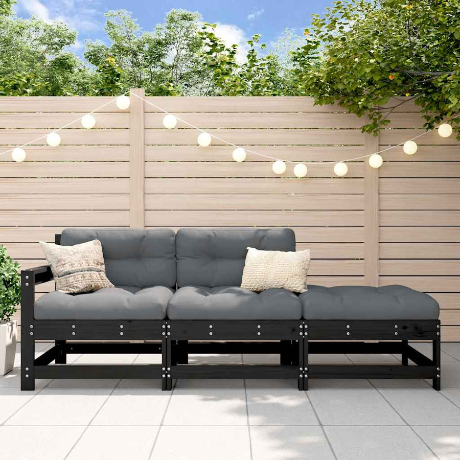 Set Mobilier De Grădină Cu Perne, 3 Piese, Negru, Lemn Masiv