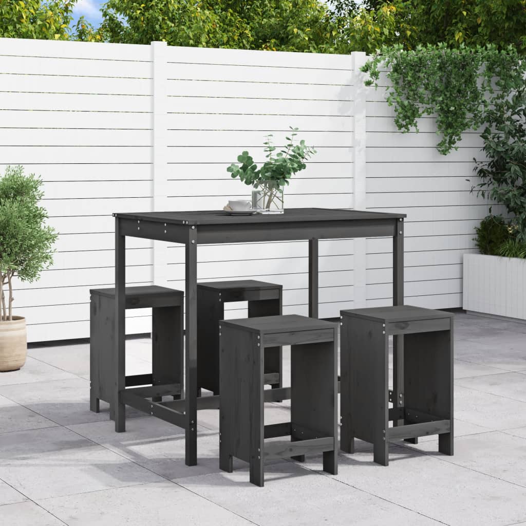 Set Mobilier Bar De Grădină, 5 Piese, Negru, Lemn Masiv De Pin