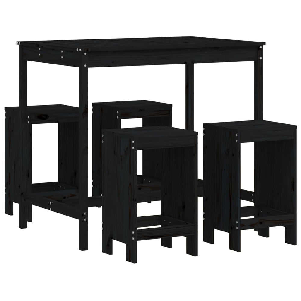 Set Mobilier Bar De Grădină, 5 Piese, Negru, Lemn Masiv De Pin