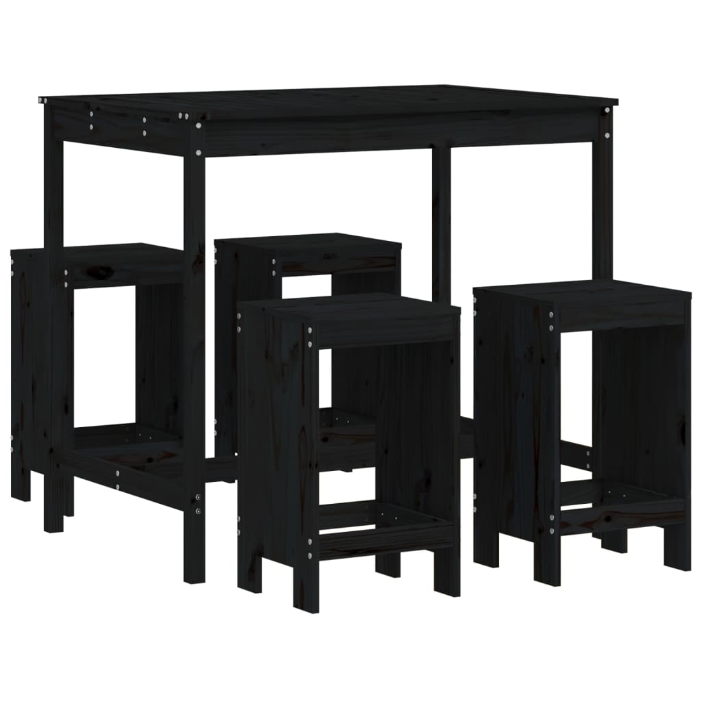 Set Mobilier Bar De Grădină, 5 Piese, Negru, Lemn Masiv De Pin