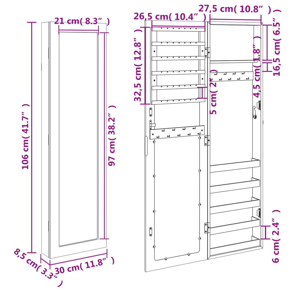 Dulap De Bijuterii Cu Oglindă De Perete, , 30X8,5X106 Cm