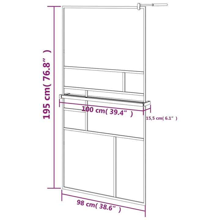 Paravan Duș Walk-In Cu Raft 100X195Cm Sticlă Esg/Aluminiu
