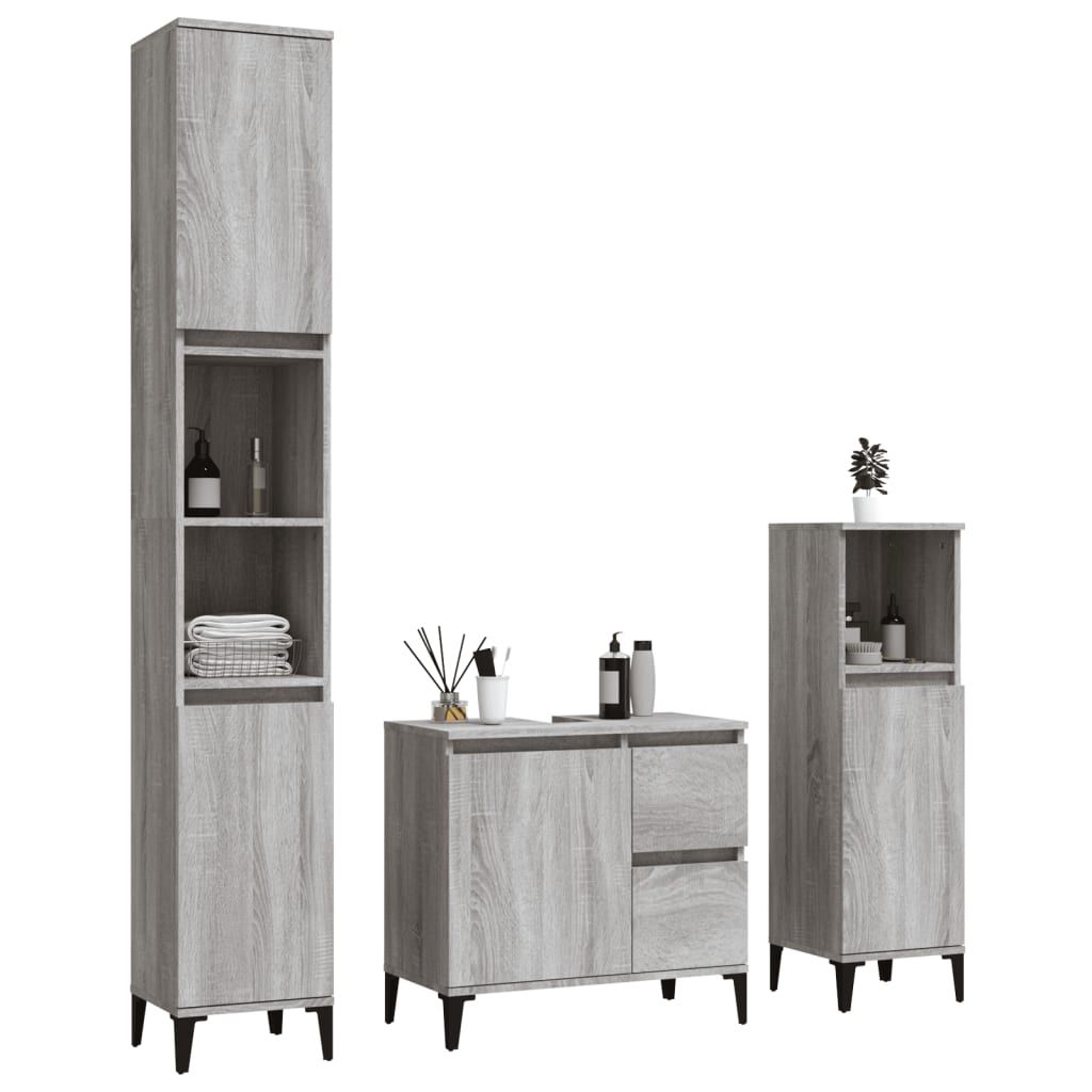 Set Dulapuri De Baie, 3 Piese, Gri Sonoma, Lemn Prelucrat