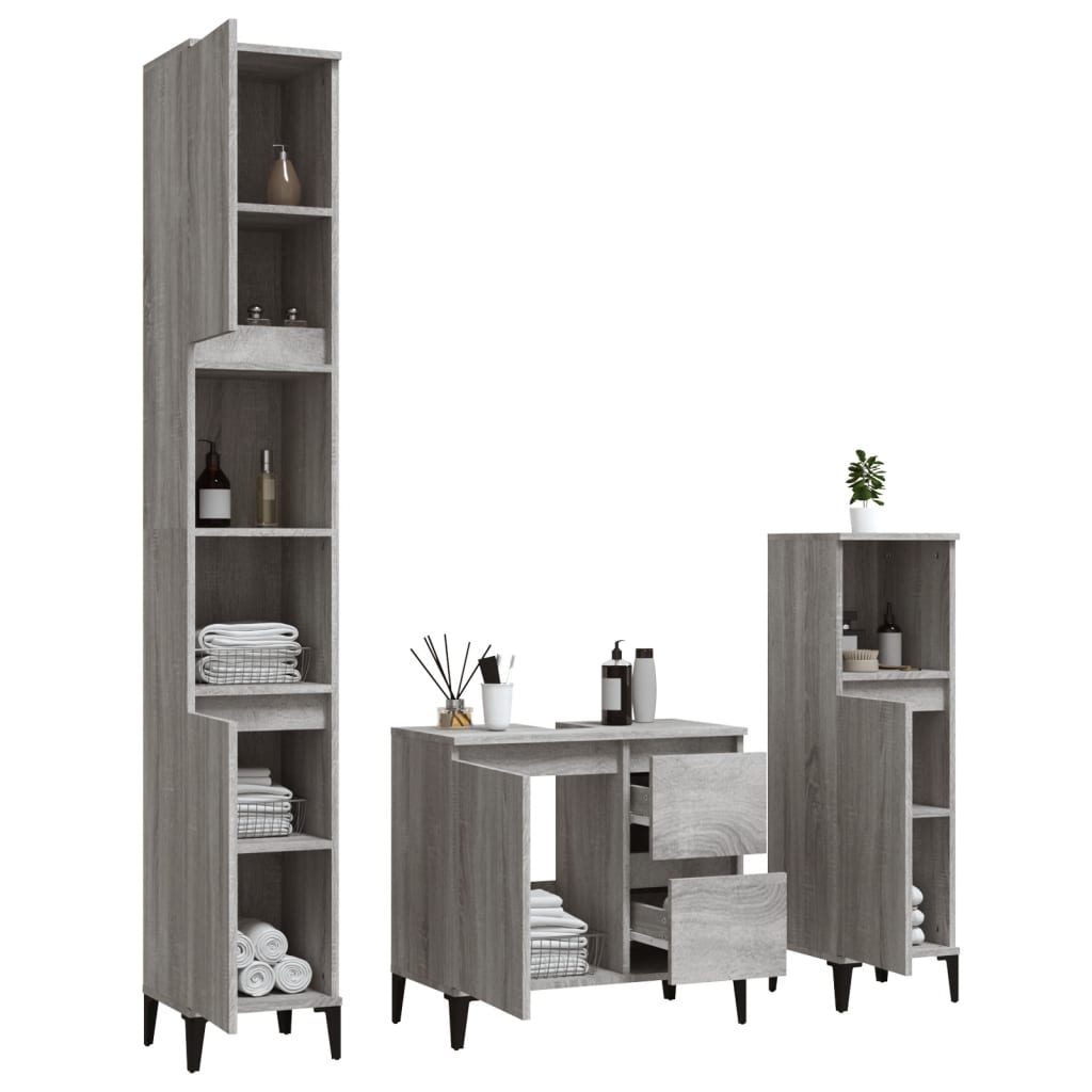 Set Dulapuri De Baie, 3 Piese, Gri Sonoma, Lemn Prelucrat