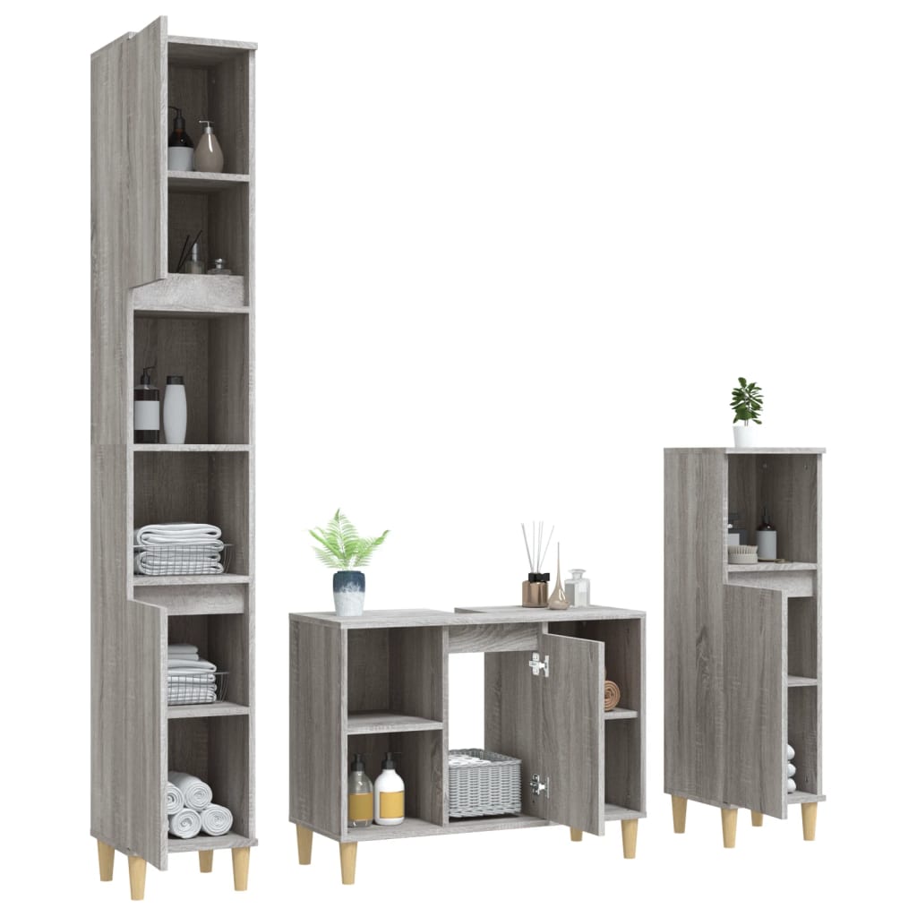 Set Mobilier De Baie, 3 Piese, Gri Sonoma, Lemn Prelucrat