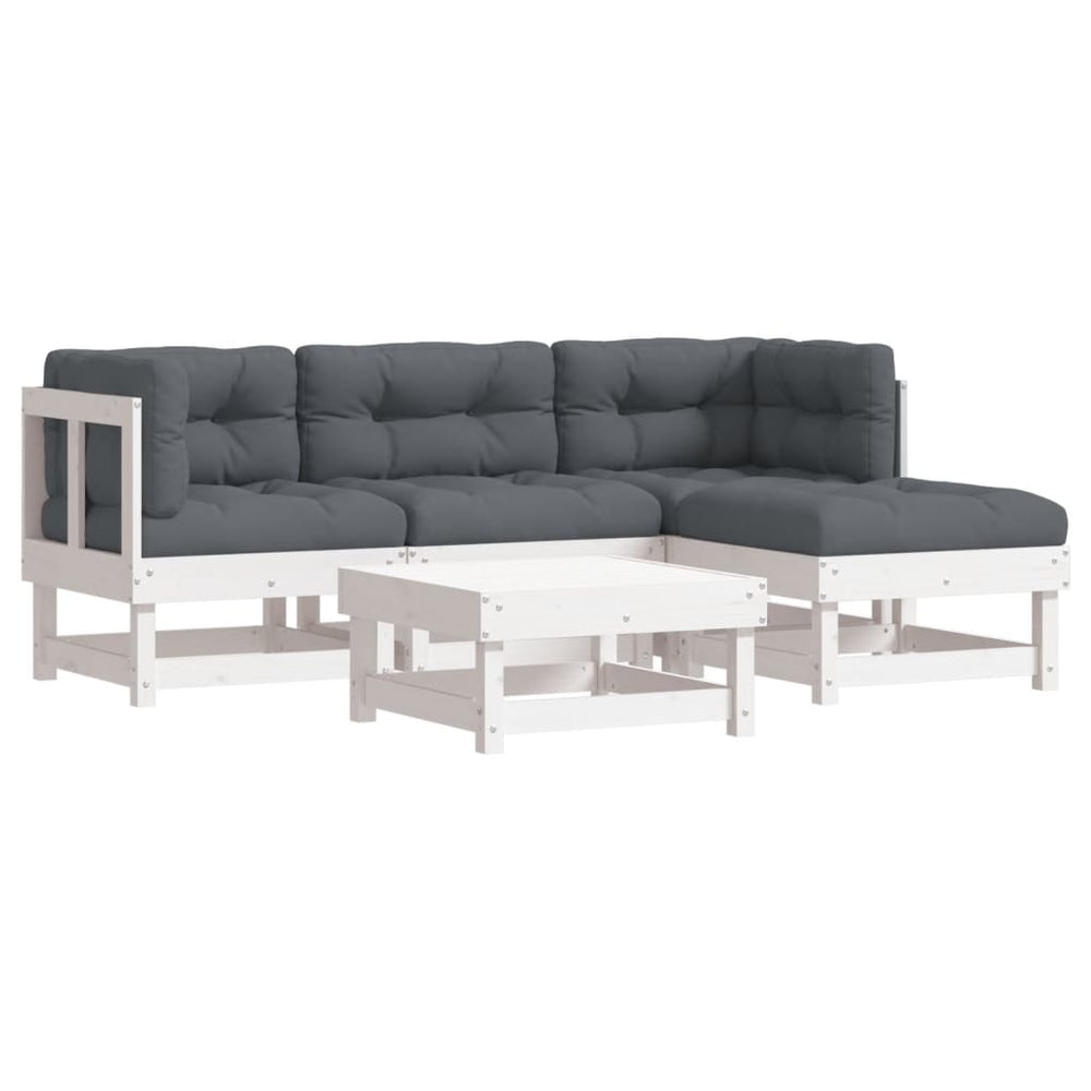 Set Mobilier De Grădină Cu Perne, 5 Piese, Alb, Lemn Masiv