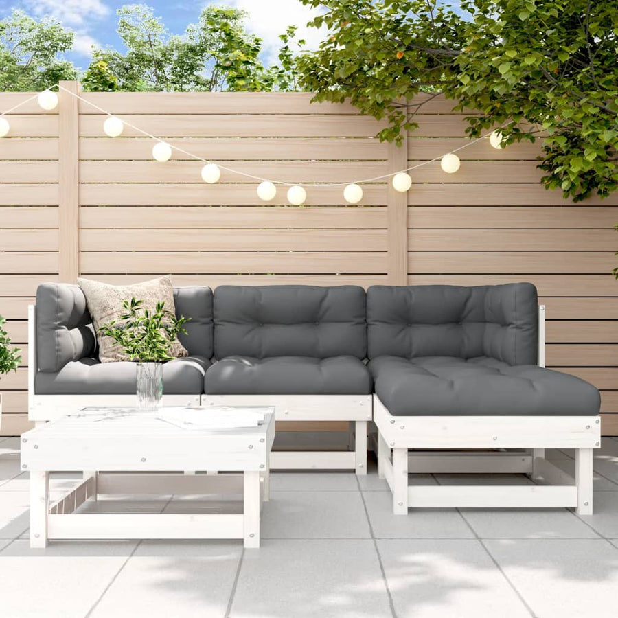 Set Mobilier De Grădină Cu Perne, 5 Piese, Alb, Lemn Masiv