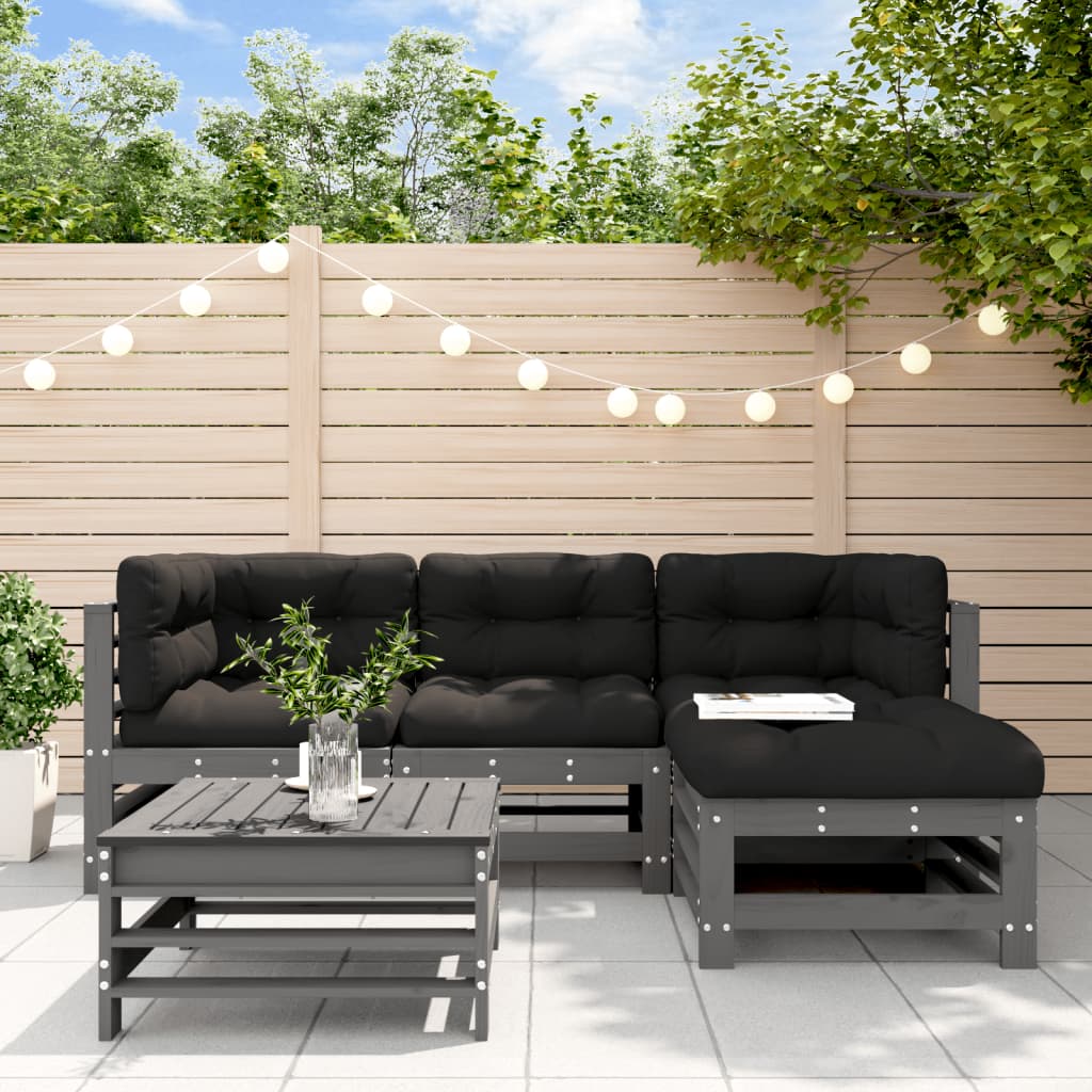 Set Mobilier De Grădină Cu Perne, 5 Piese, Negru, Lemn Masiv