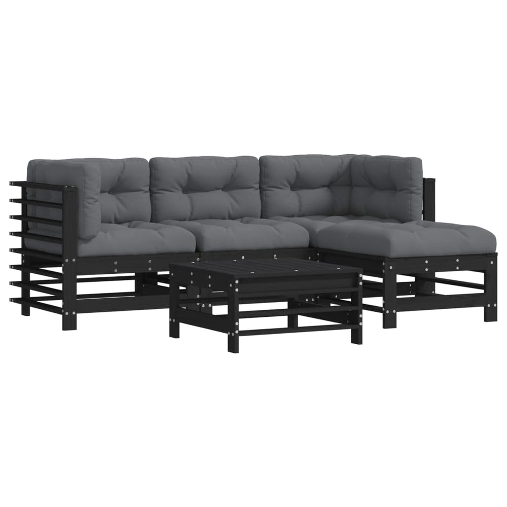 Set Mobilier De Grădină Cu Perne, 5 Piese, Negru, Lemn Masiv