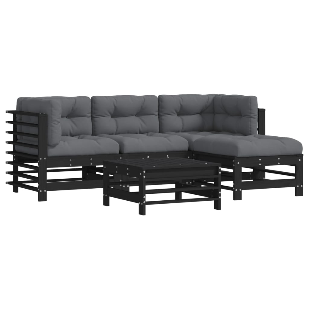 Set Mobilier De Grădină Cu Perne, 5 Piese, Negru, Lemn Masiv