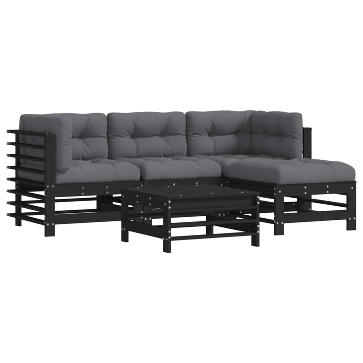 Set Mobilier De Grădină Cu Perne, 5 Piese, Negru, Lemn Masiv