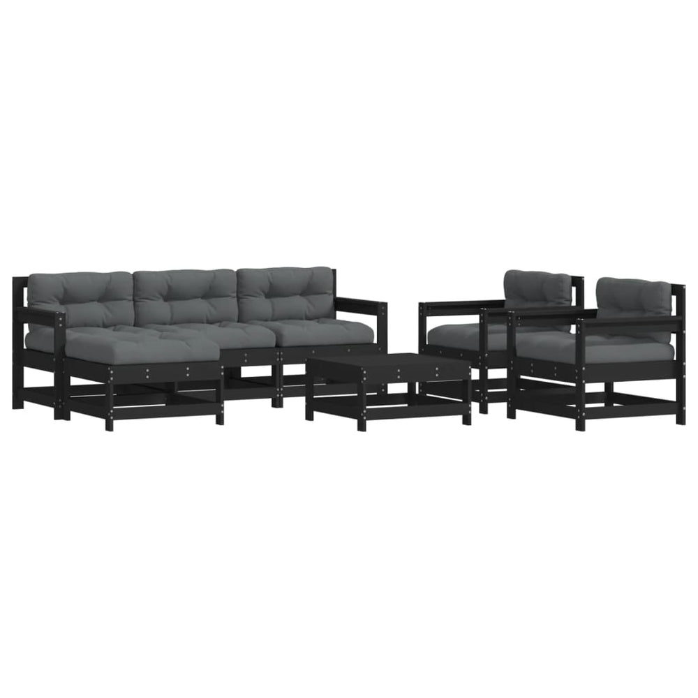 Set Mobilier De Grădină Cu Perne, 7 Piese, Negru, Lemn Masiv