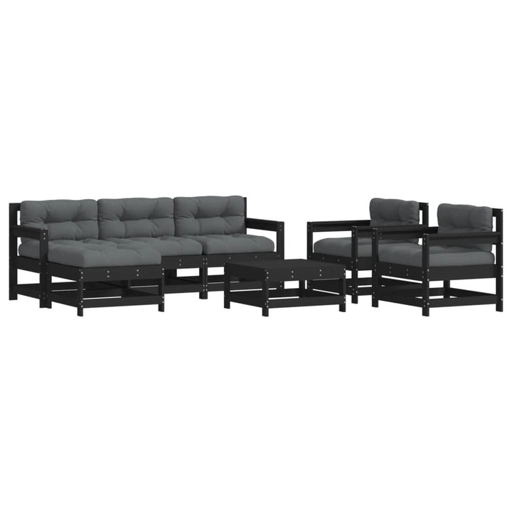 Set Mobilier De Grădină Cu Perne, 7 Piese, Negru, Lemn Masiv