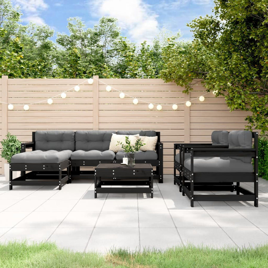 Set Mobilier De Grădină Cu Perne, 7 Piese, Negru, Lemn Masiv
