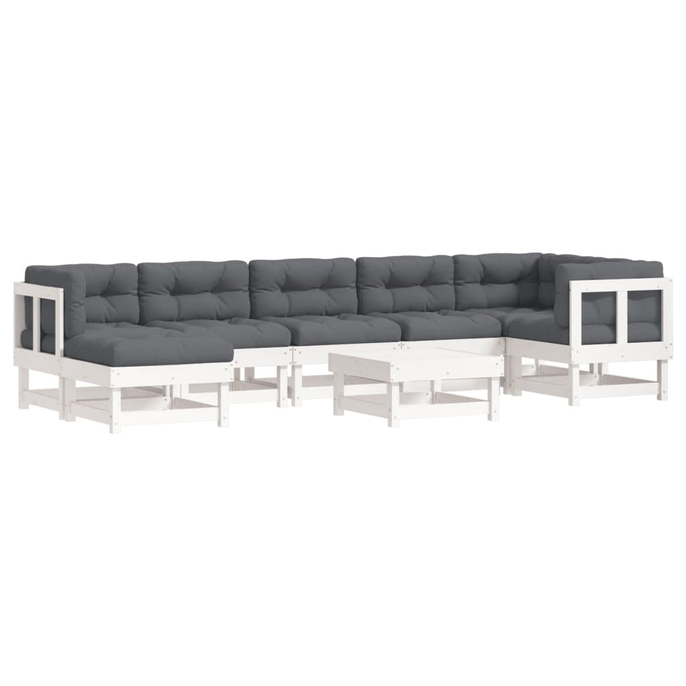 Set Mobilier De Grădină Cu Perne, 8 Piese, Alb, Lemn Masiv