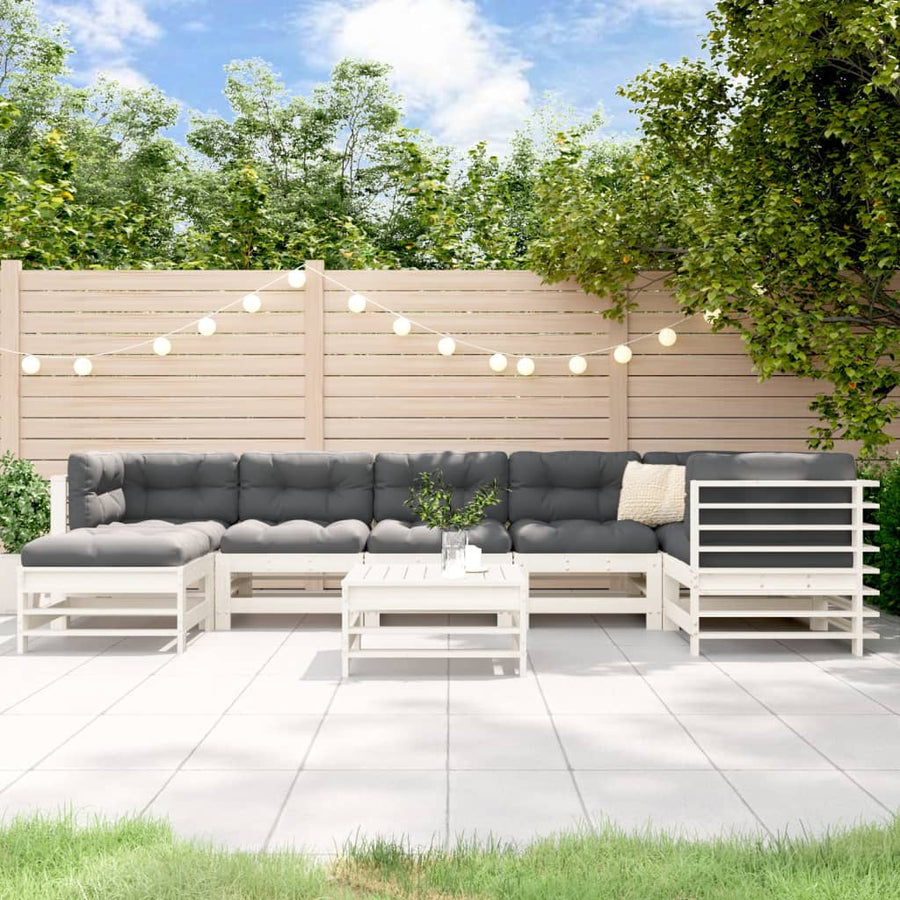 Set Mobilier De Grădină Cu Perne, 8 Piese, Alb, Lemn Masiv