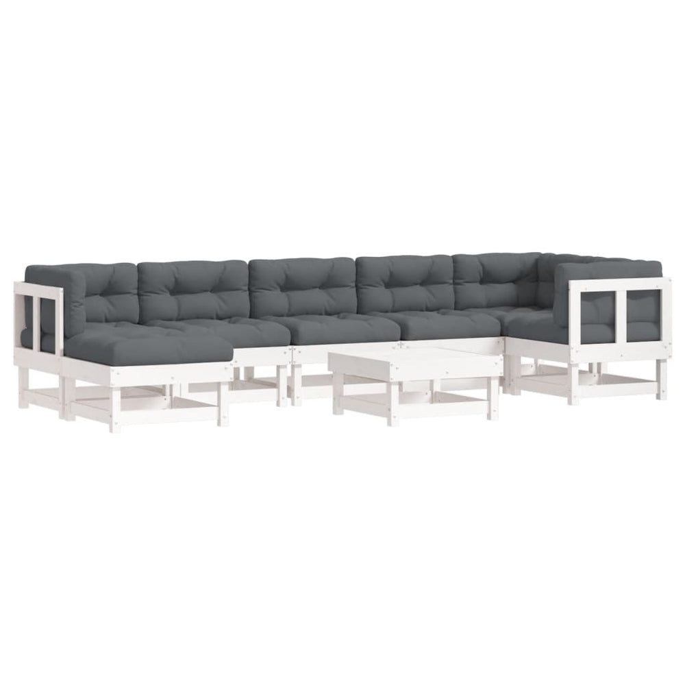 Set Mobilier De Grădină Cu Perne, 8 Piese, Alb, Lemn Masiv