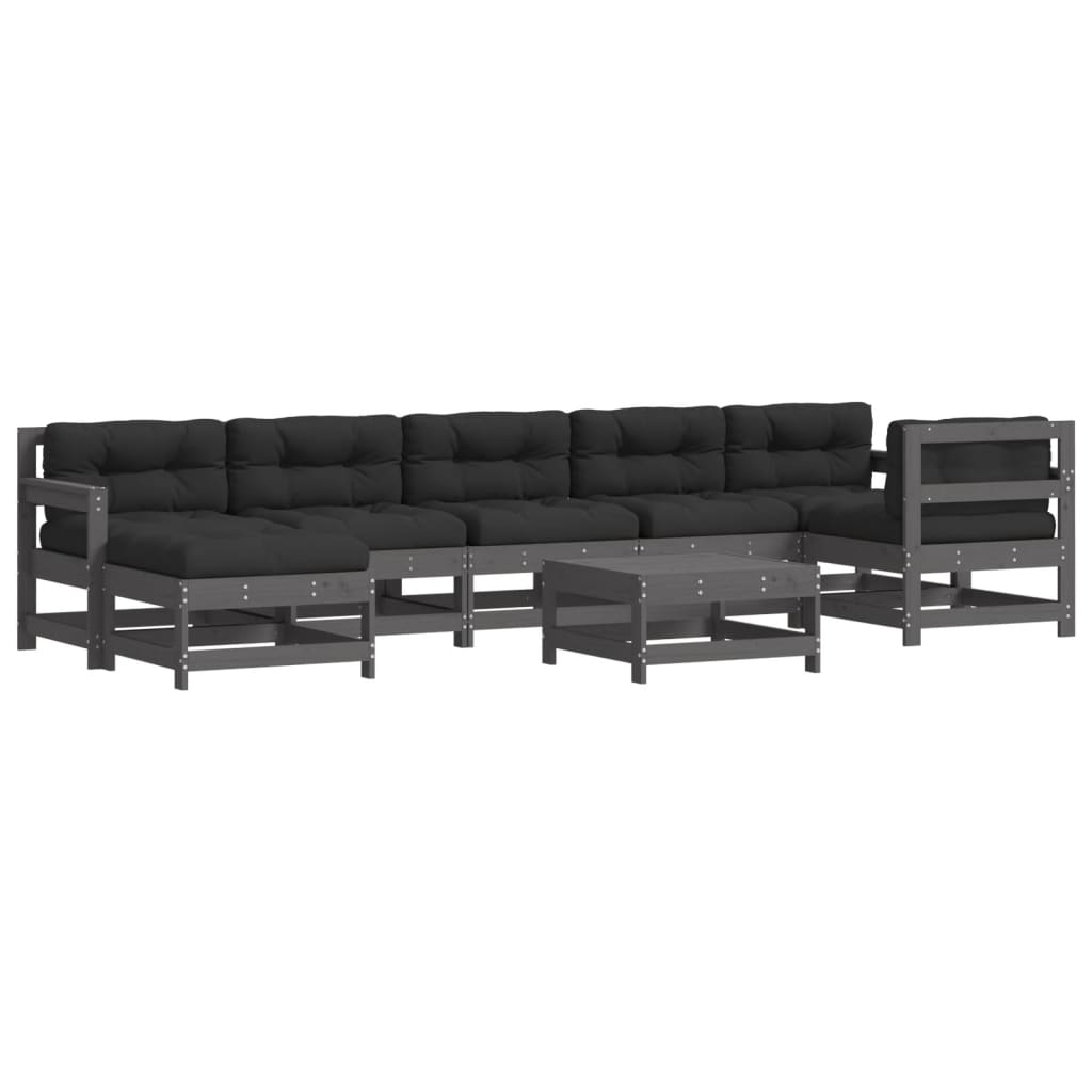 Set Mobilier Grădină Cu Perne, 8 Piese, Gri, Lemn Masiv