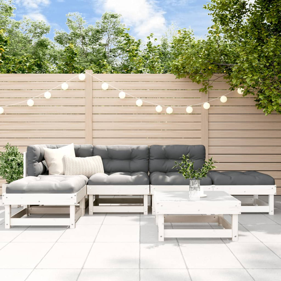 Set Mobilier Relaxare Grădină&Perne 6 Piese Alb Lemn Masiv Pin