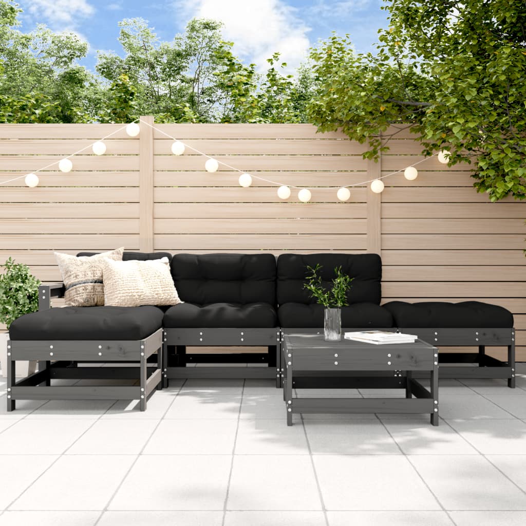 Set Mobilier Relaxare Grădină&Perne 6 Piese Gri Lemn Masiv Pin