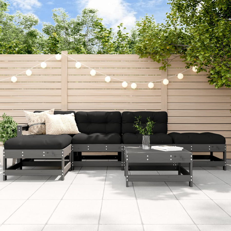 Set Mobilier Relaxare Grădină&Perne 6 Piese Gri Lemn Masiv Pin