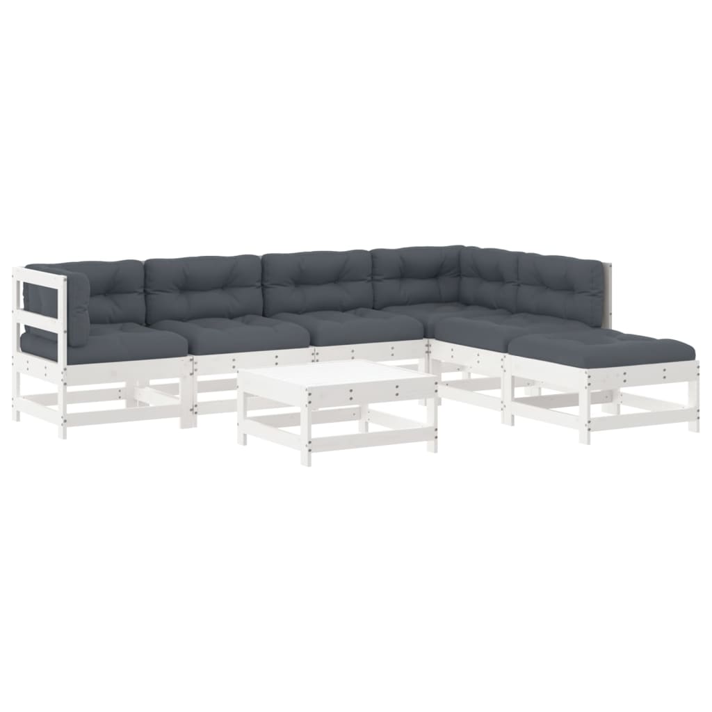 Set Mobilier De Grădină Cu Perne, 7 Piese, Alb, Lemn Masiv