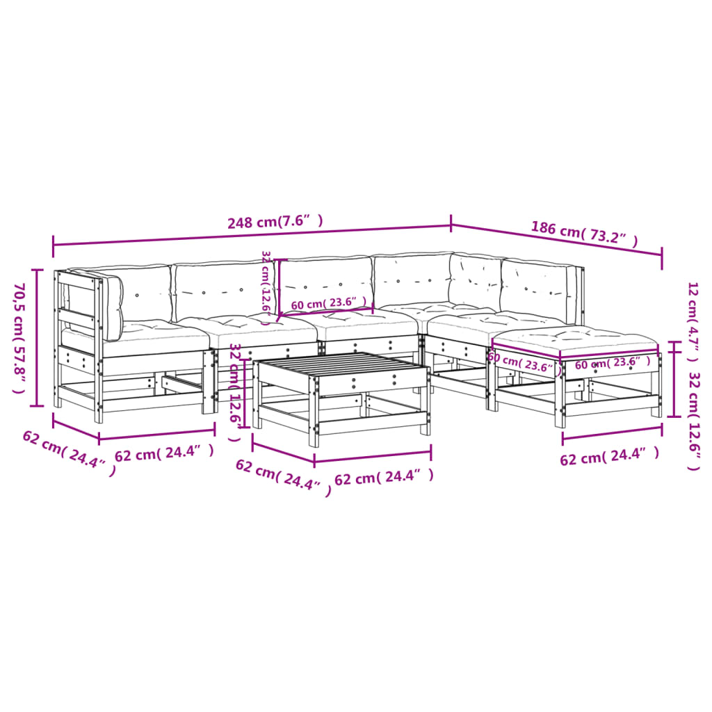 Set Mobilier De Grădină Cu Perne, 7 Piese, Alb, Lemn Masiv