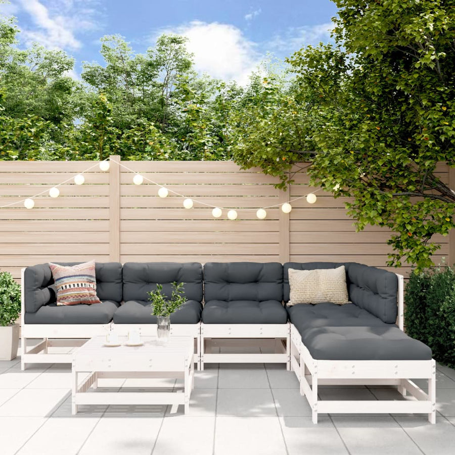 Set Mobilier De Grădină Cu Perne, 7 Piese, Alb, Lemn Masiv