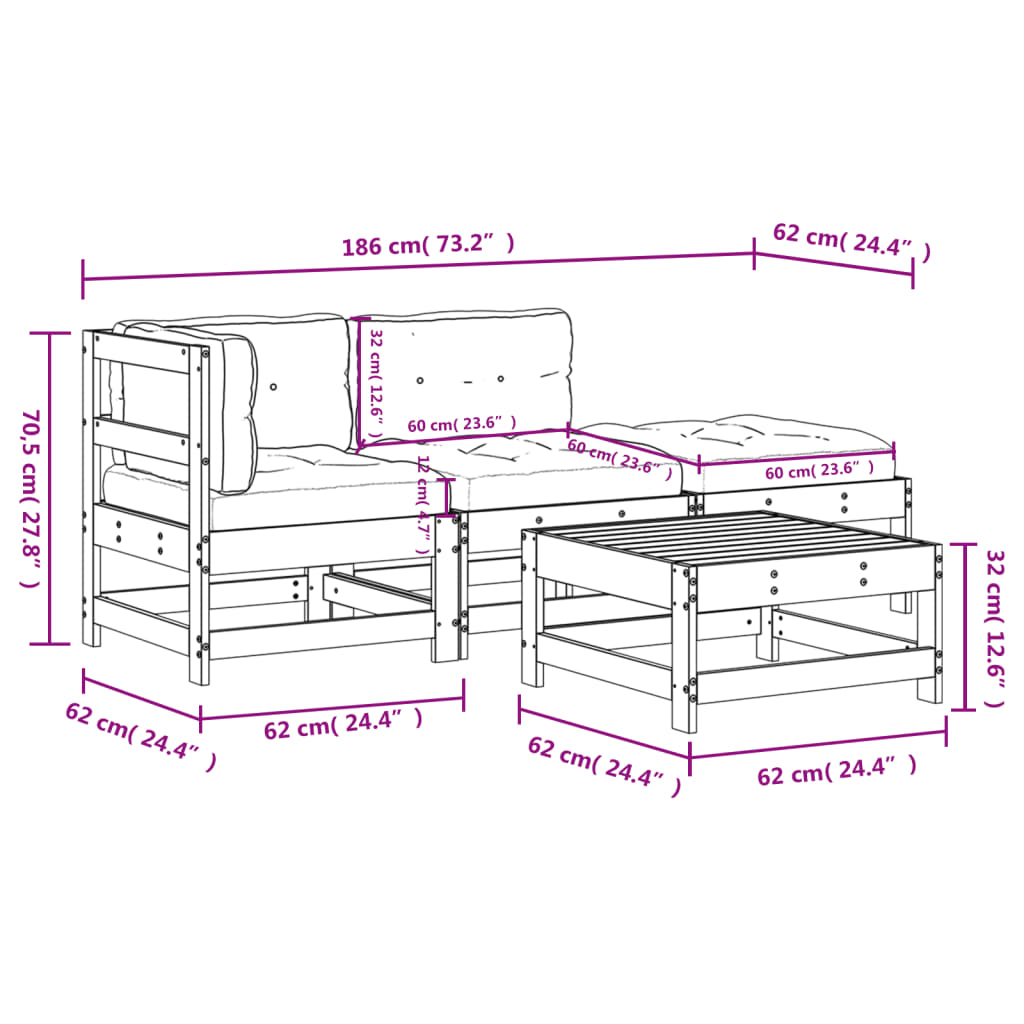 Set Mobilier De Grădină Cu Perne, 4 Piese, Lemn Masiv