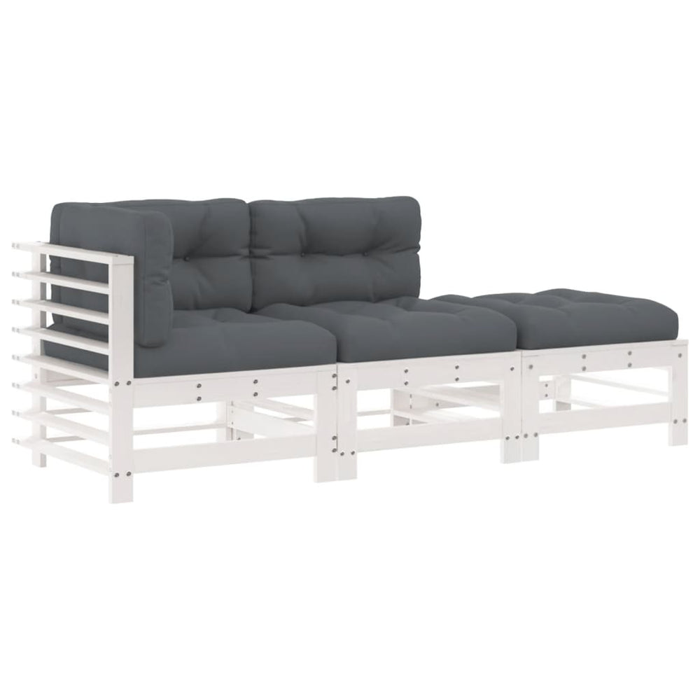 Set Mobilier De Grădină Cu Perne, 3 Piese, Alb, Lemn Masiv