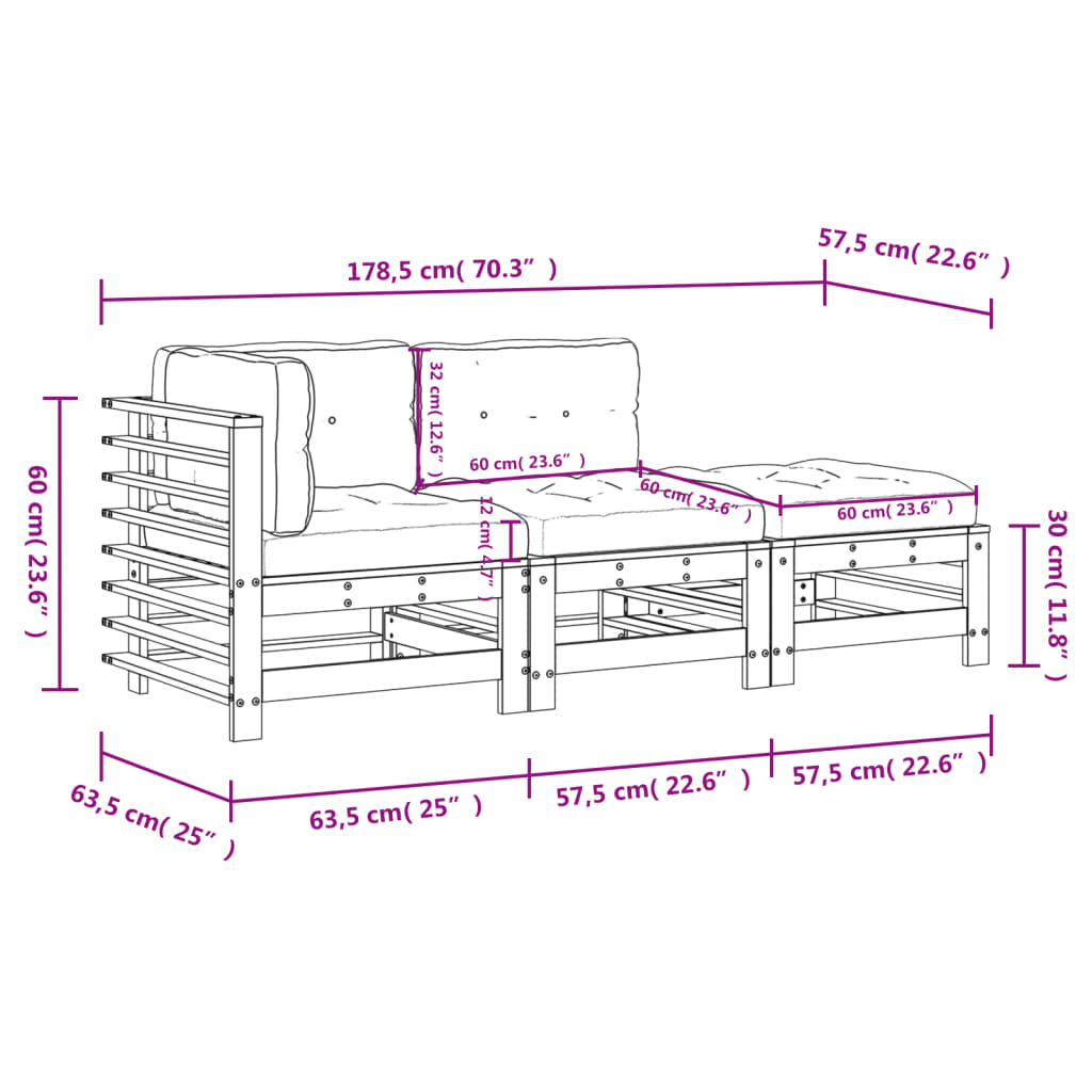 Set Mobilier De Grădină Cu Perne, 3 Piese, Alb, Lemn Masiv